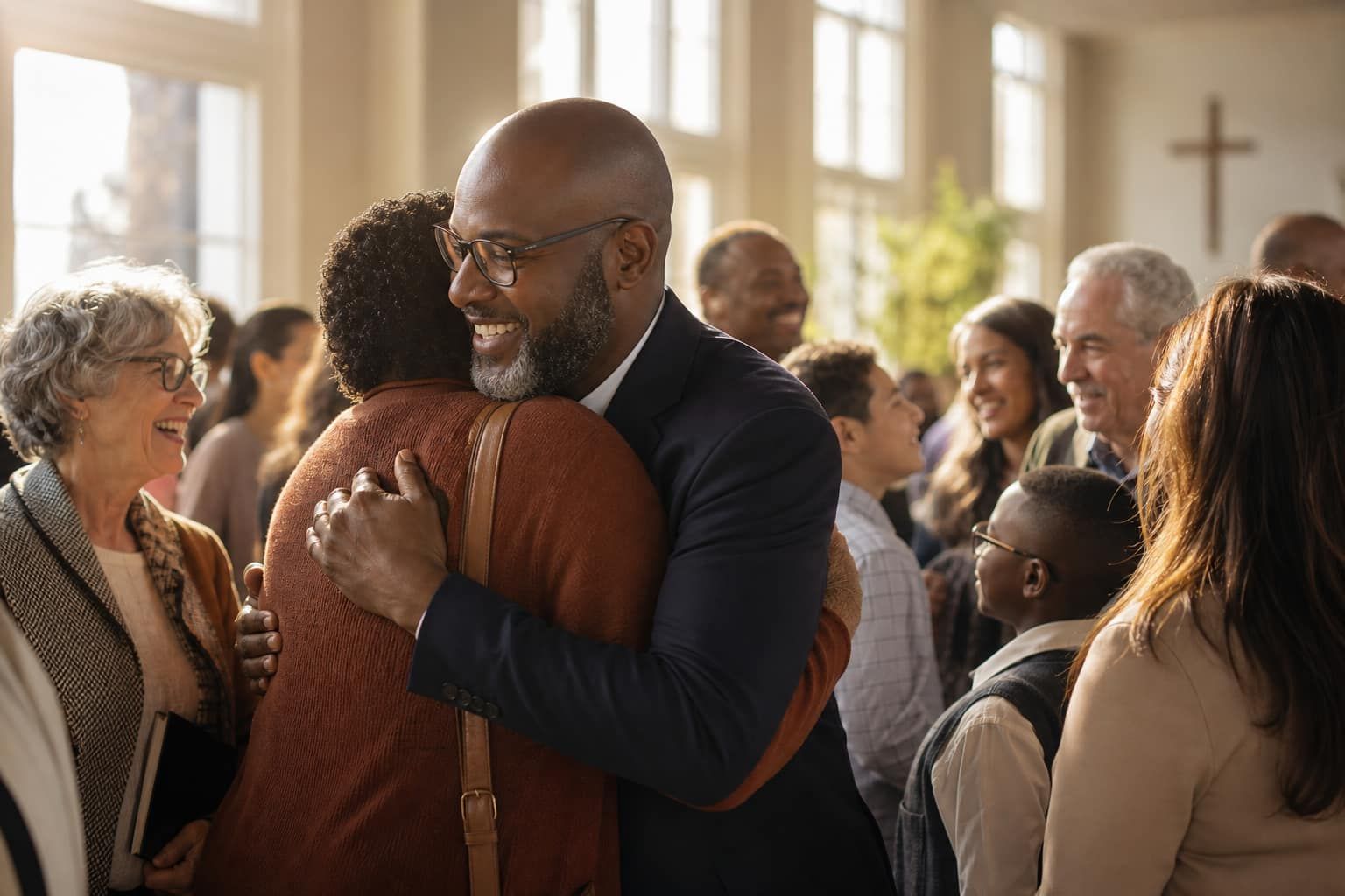 Pastor welcoming congregation members