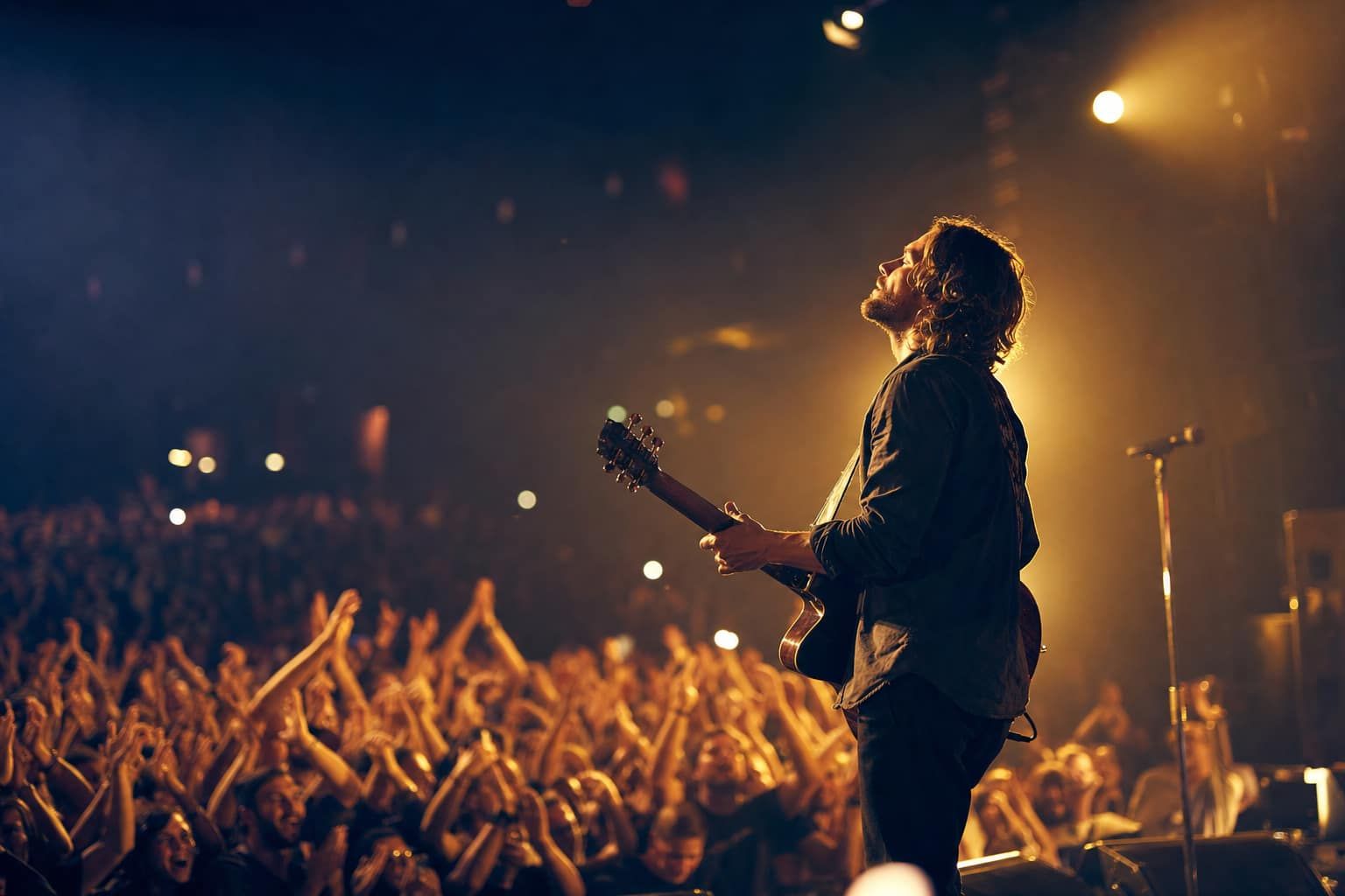 Musician performing before a packed audience