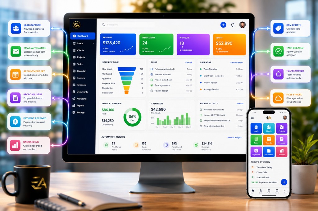 The Pulse command center: a live portal showing revenue, leads, projects, pipeline, and cash flow, surrounded by the automations running quietly in the background, from lead capture and email to proposals, payments, and onboarding