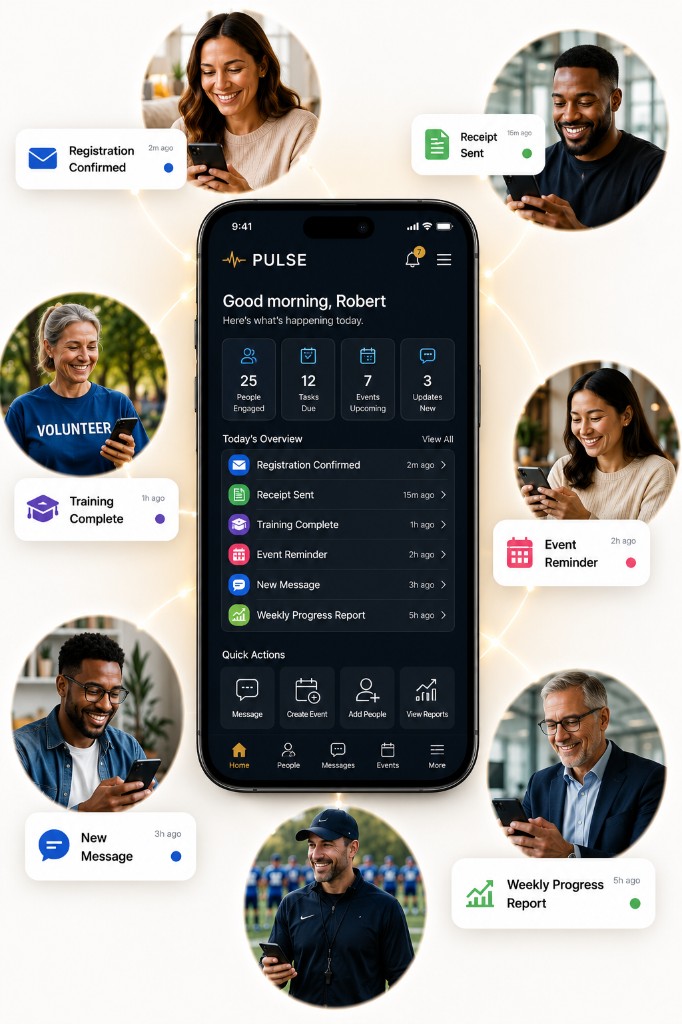 People across an organization staying connected and informed through one calm system